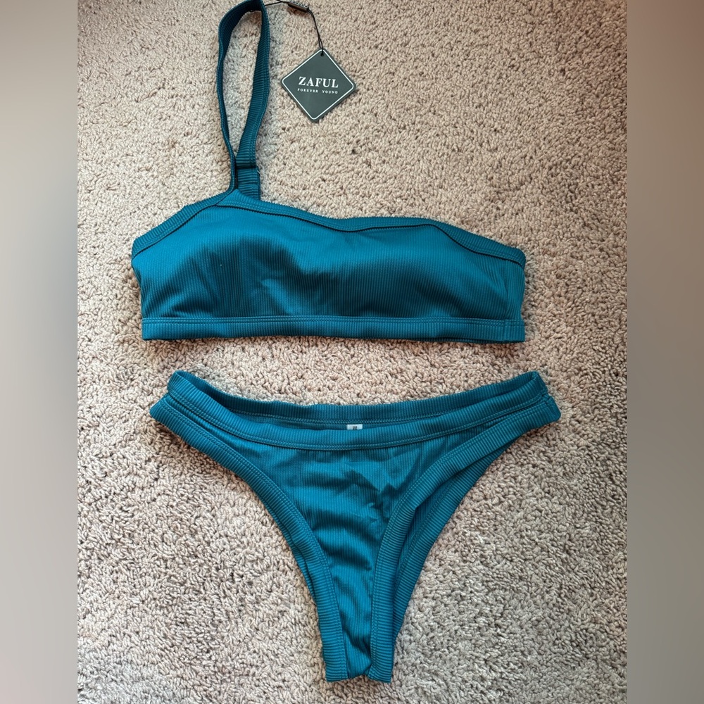 NWT Zaful Teal Ribbed Bikini Set